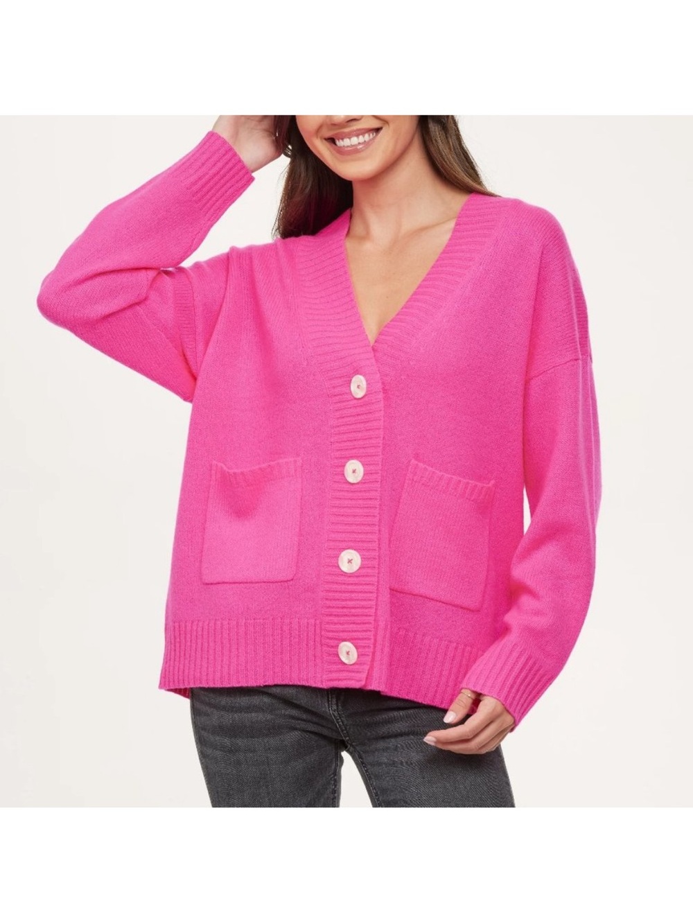 Filoro Emma Cashmere Boyfriend Cardigan Sweater In Neon Pink Size Large